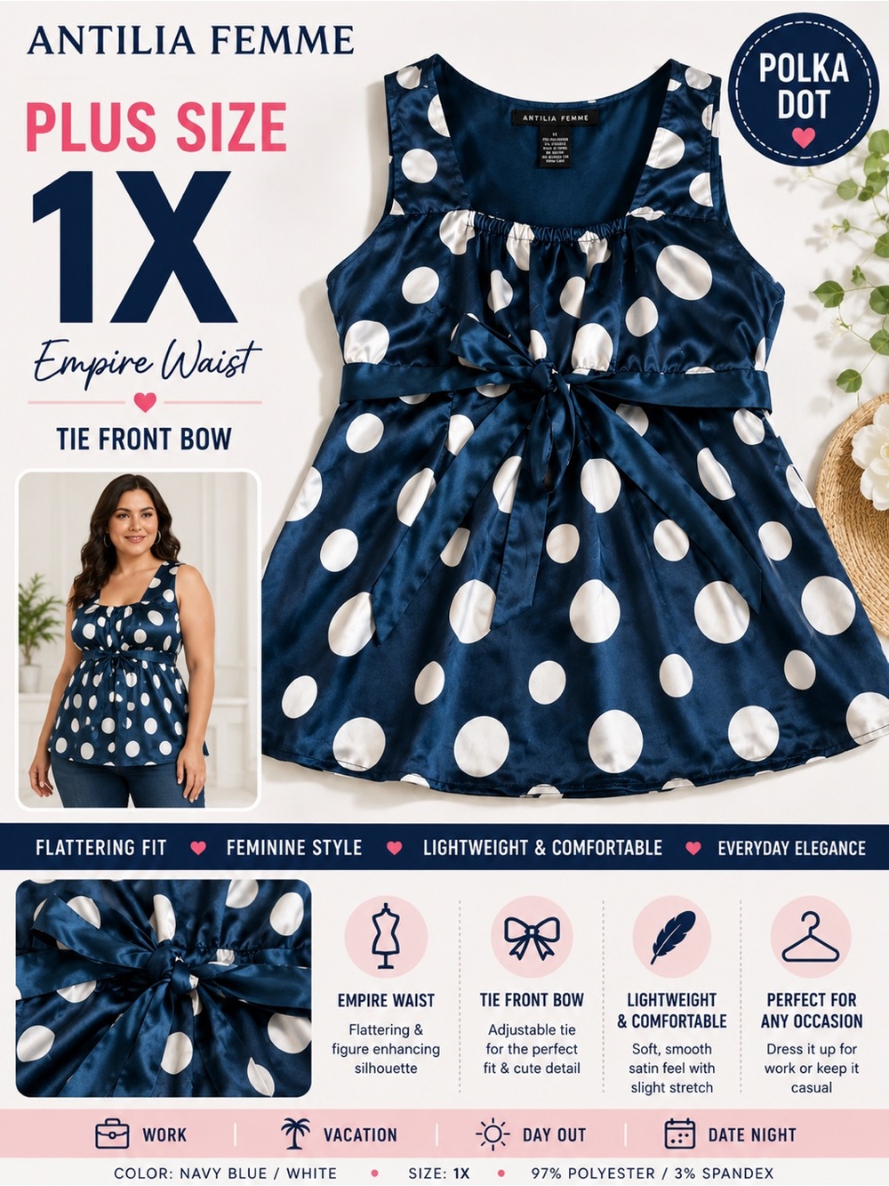 Antilia Femme Plus Size 1X Polka Dot Empire Waist Tie Front Sleeveless Top